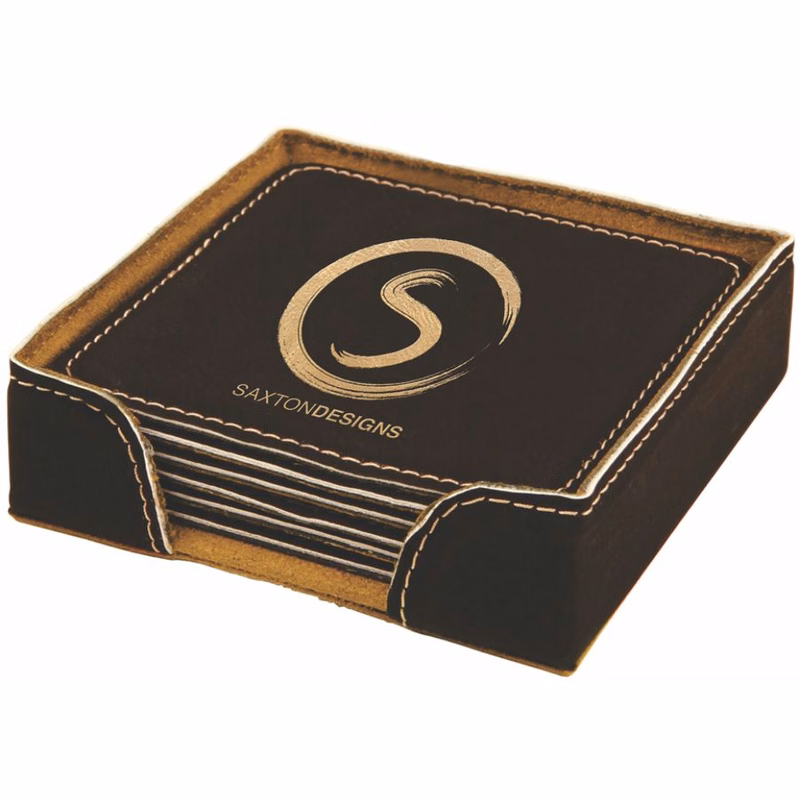 Black Leatherette Set of Six Square Coasters