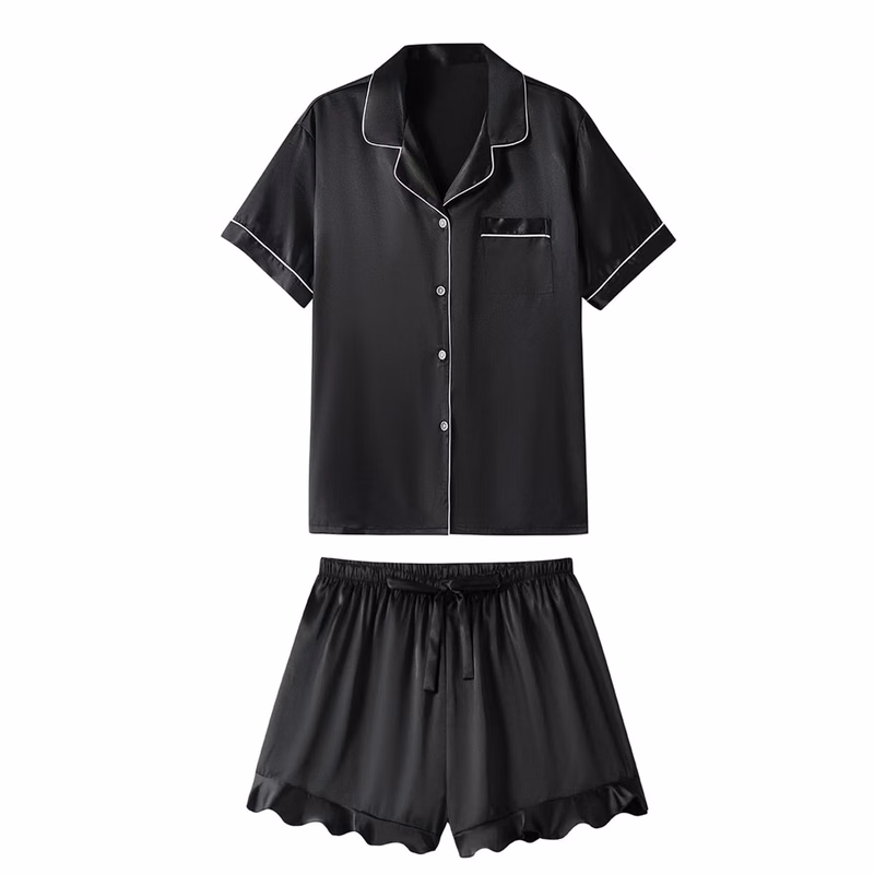 Solid Color Satin Shirt Pajama Set With Customizable Logo
