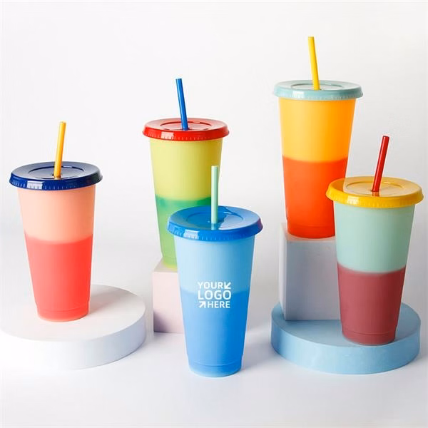 24oz Color Discoloration Cup With Straws