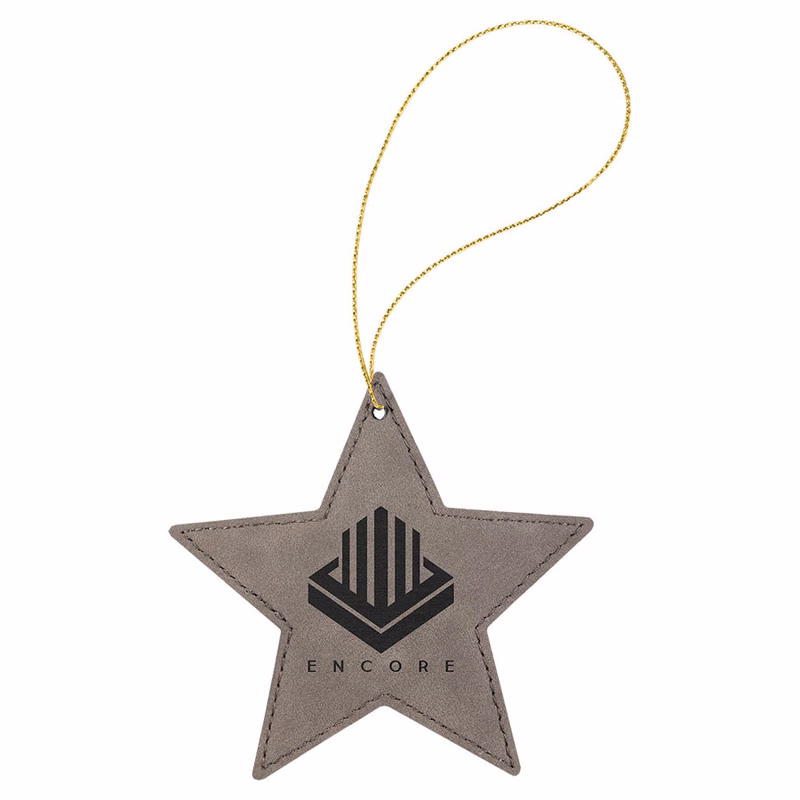Gray Leatherette Star Ornament with Gold String