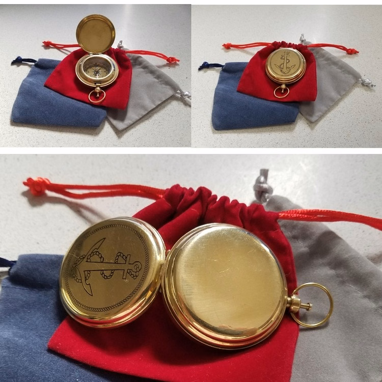 Nautical Antique Solid Brass Pocket Compass in Velvteen Pouch