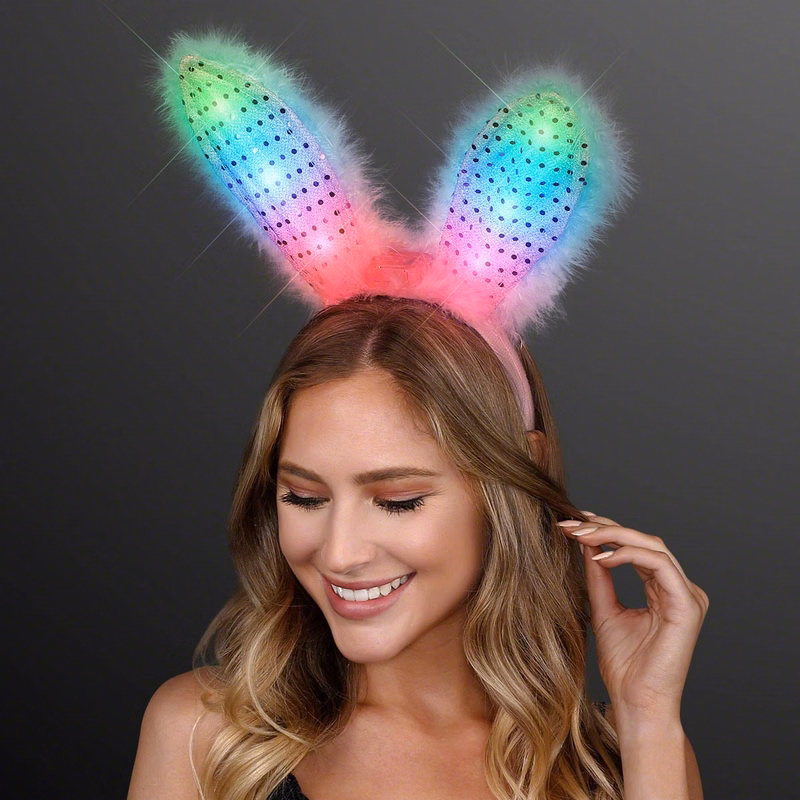 Light up bunny ears headband - pink and white