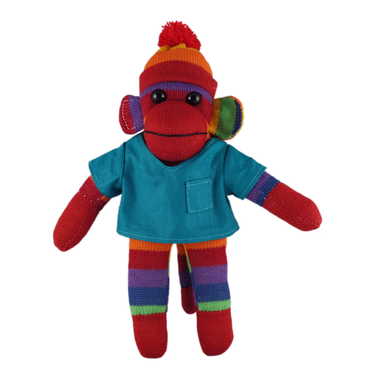 Rainbow Sock Monkey (Plush) in scrub shirt 1