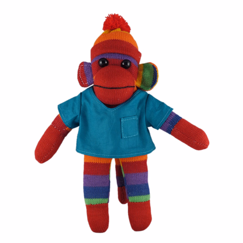 Rainbow Sock Monkey (Plush) in scrub shirt