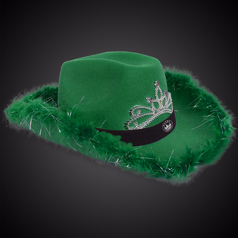 Green Light Up Cowboy Hat w/ Tiara and Feather(Black Imprinted Band)