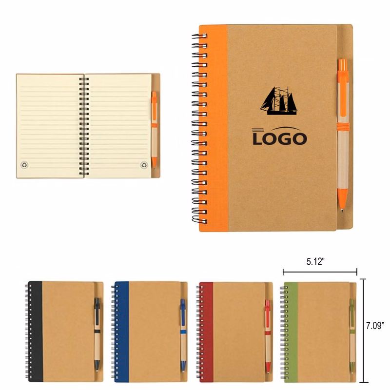 MOQ50 Eco-Inspired Soft Cover Kraft Spiral Notebook With Pen