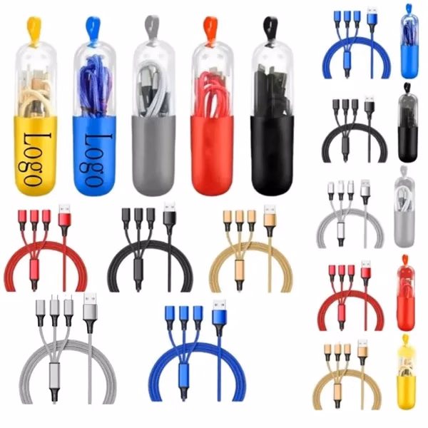 Custom 3-in-1 Nylon Charging Cable with Capsule Storage Case — Multi Device Promo