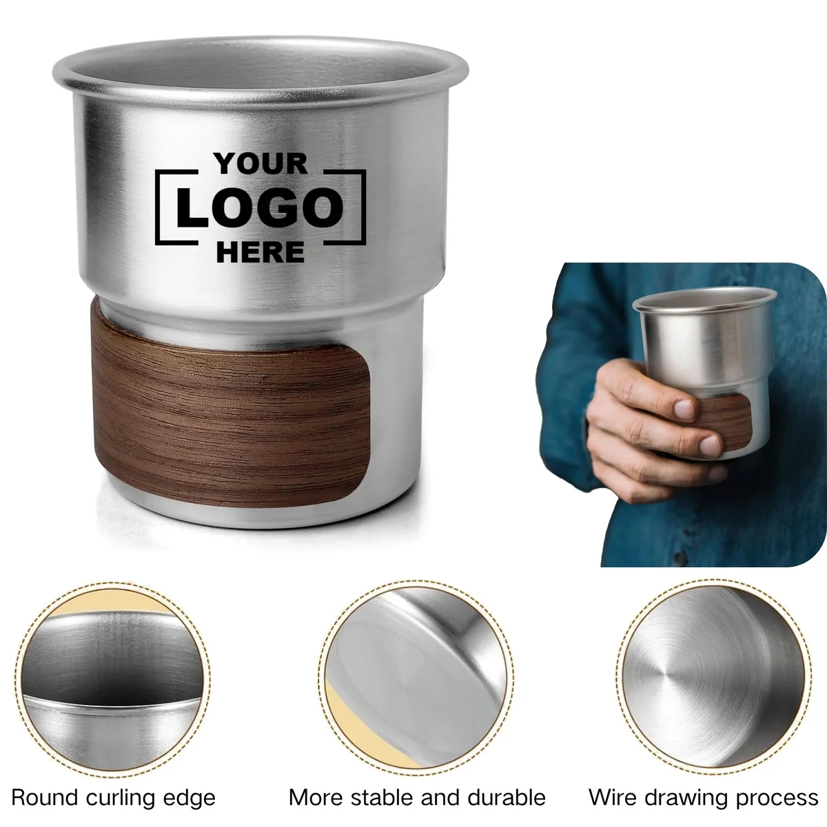 Stainless Steel Wooden Support Camping Coffee Cup 1