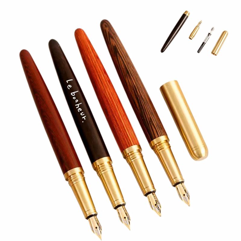 Wooden Fountain Pen With Brass Cap & Accents