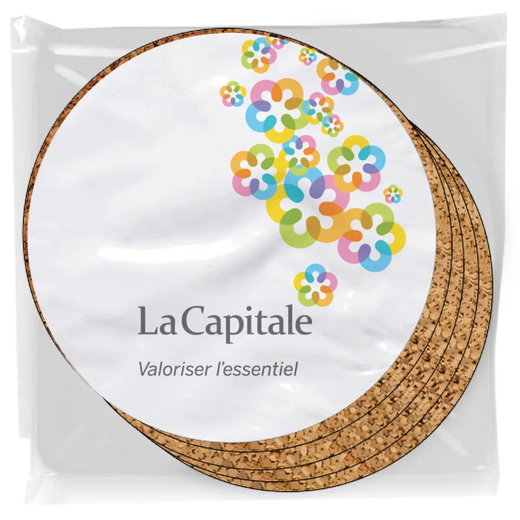 Set of 4 Premium Coasters .100 Gloss Copolyester Top & 1/16" cork base Round Full Colour Imprint 1