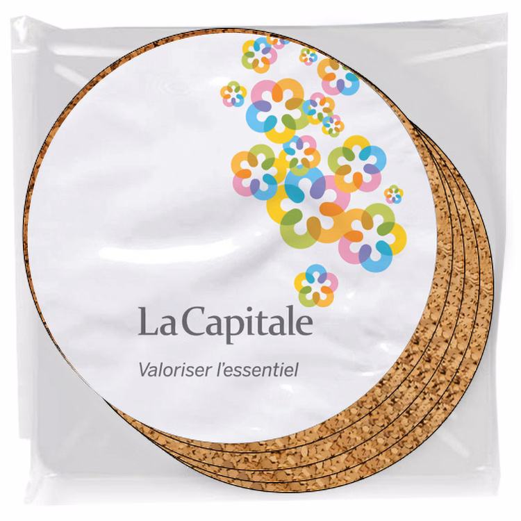 Set of 4 Premium Coasters .100 Gloss Copolyester Top & 1/16" cork base Round Full Colour Imprint