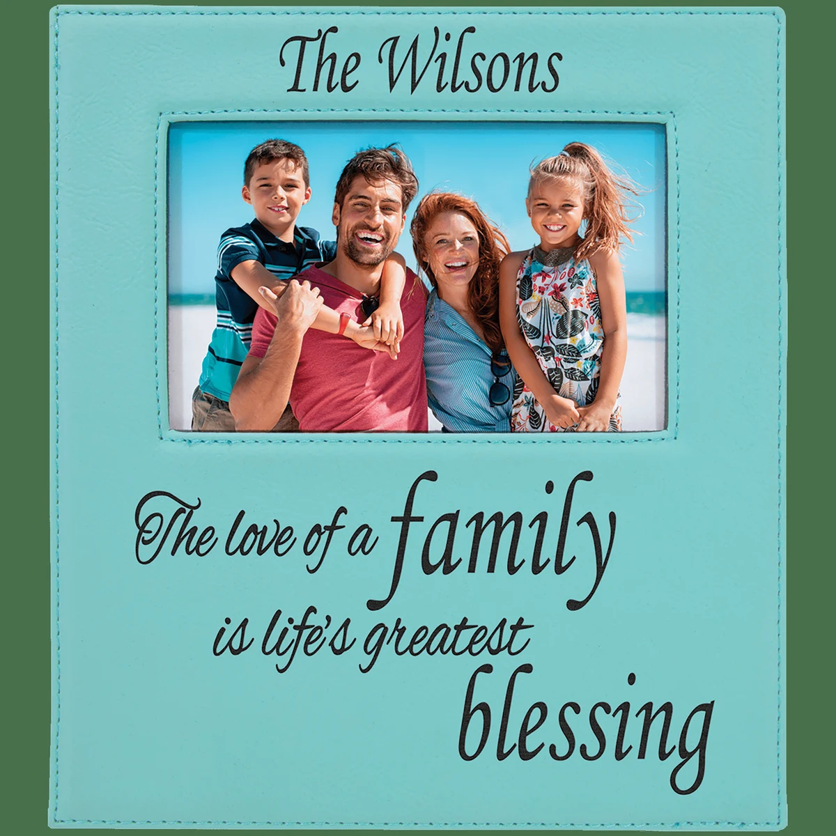 4" x 6" Teal Leatherette Photo Frame with 4 1/4" x 7 7/8" Engraving Area 1