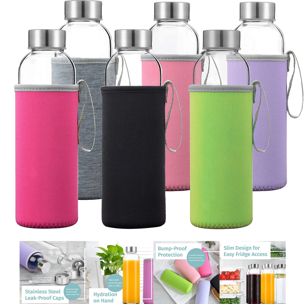 550ML 18oz Glass Water Bottles With Sleeves and Stainless Steel Lids 1