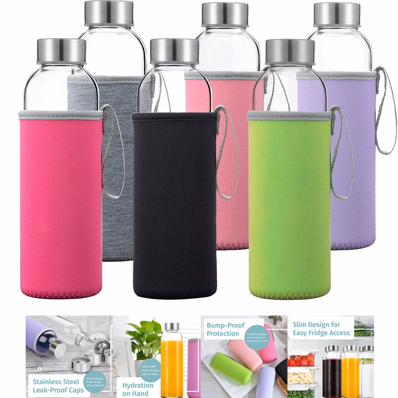 550ML 18oz Glass Water Bottles With Sleeves and Stainless Steel Lids
