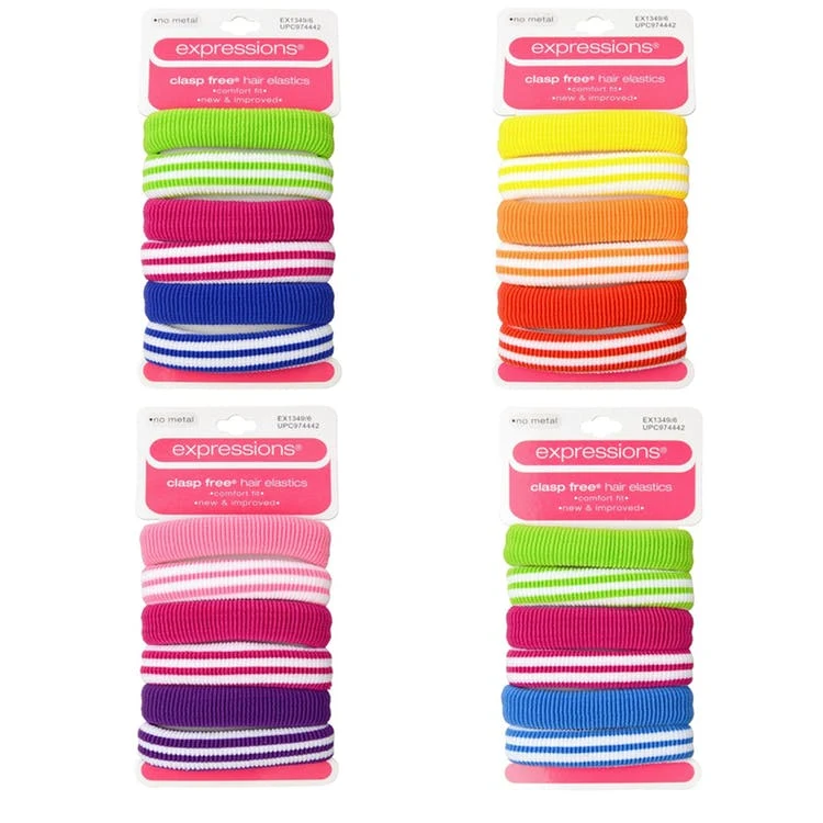 Hair Elastics - Stripes/Solids 6 Piece Assorted Colors 1