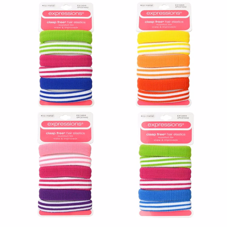 Hair Elastics - Stripes/Solids 6 Piece Assorted Colors