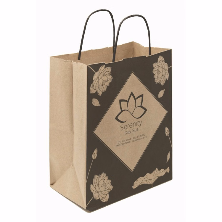 One Color 1-Sided Natural w/ Black Handle Shopper Paper Bags (8"x 10.25"x 5")