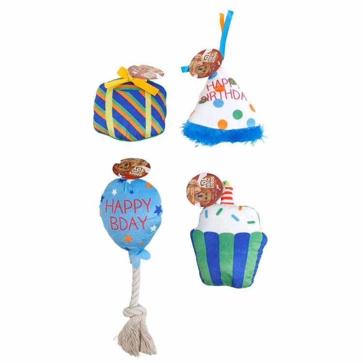 Squeaker Plush Dog Toys - Blue Happy Birthday