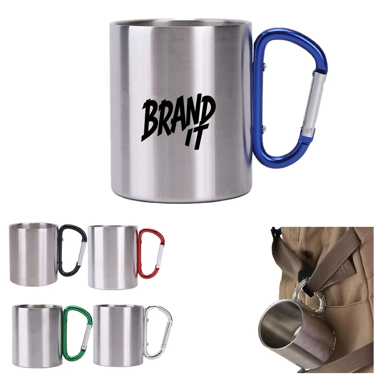 10 oz Camping Stainless Steel Mug w/Carabiner 1