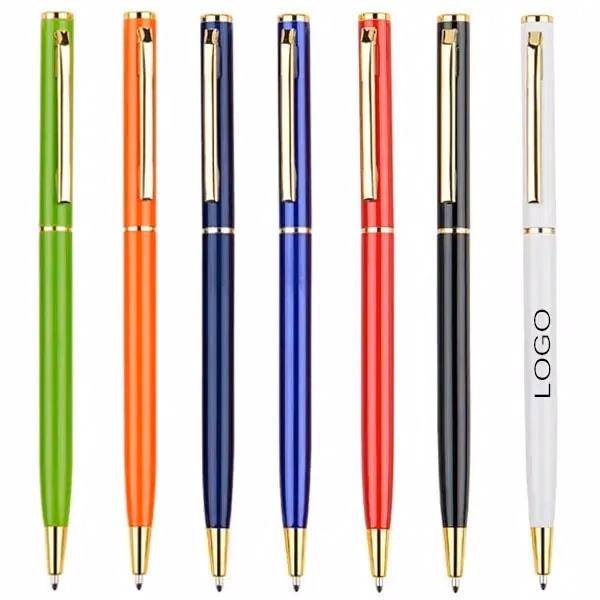 Slim Metal Hotel Ballpoint Pen w/ Gold Trim