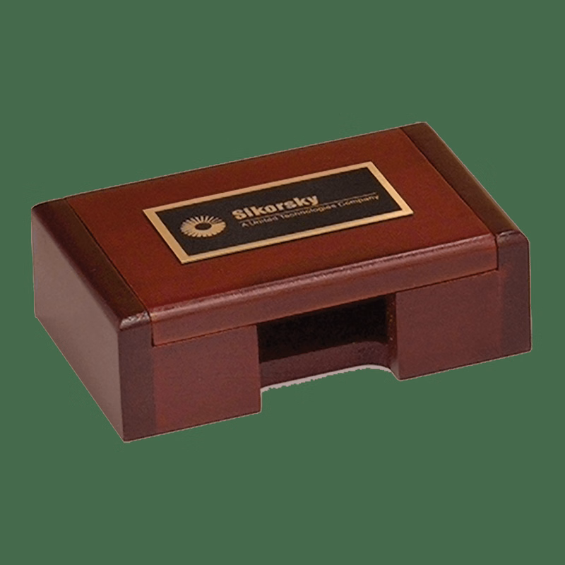 4 3/8" x 2 7/8" Rosewood/Black/Gold Rosewood Finish Business Card Box with Brass Plate