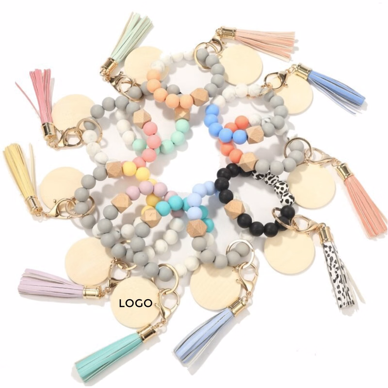 MOQ 10 PCS Silicone Key Bead Wood Bracelet Keychain