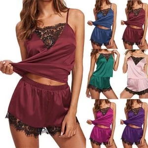Womens Lace Trim Satin Cami And Shorts Pajama Set 1