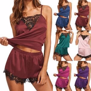 Womens Lace Trim Satin Cami And Shorts Pajama Set
