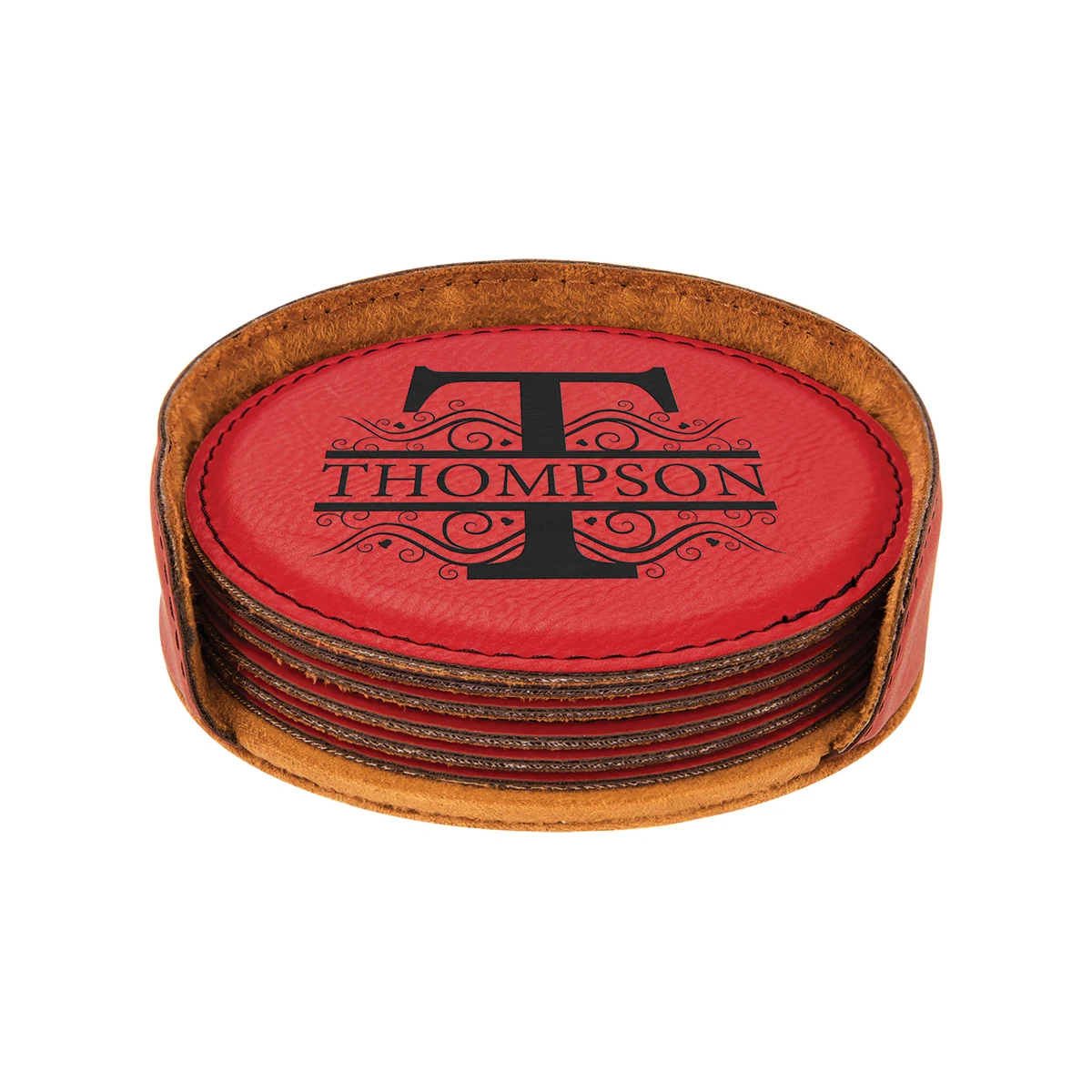 Red Leatherette Round 6-Coaster Set 1
