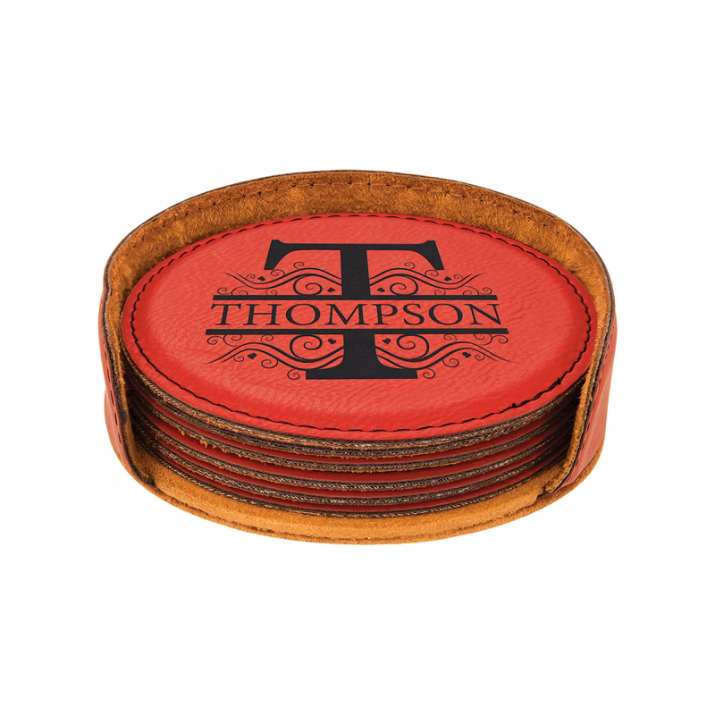 Red Leatherette Round 6-Coaster Set