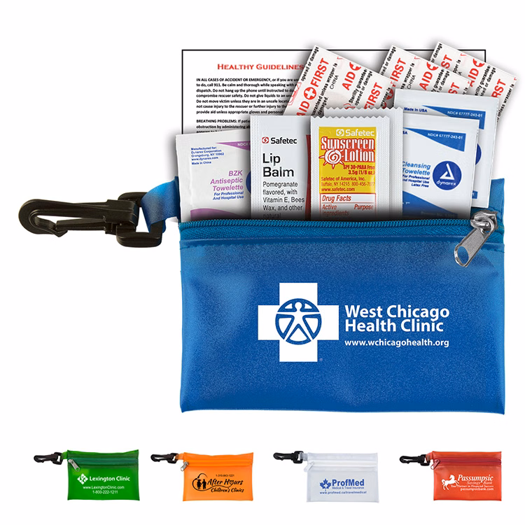 "LYON" 10 Piece First Aid Sun Kit in Translucent Zipper Pack with Plastic Carabiner Attachment