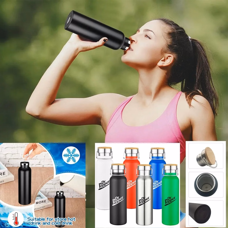 Stainless Steel Sports Water Bottle with Bamboo Lid-20oz