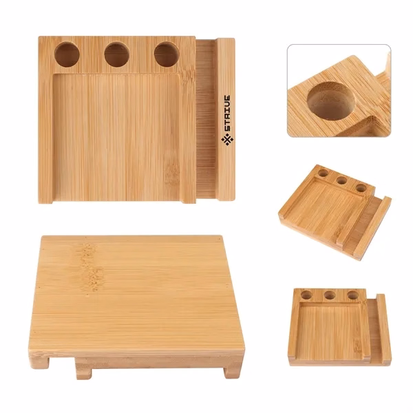Custom Natural Bamboo Desk Organizer With Phone Stand — Office Workspace Accessory