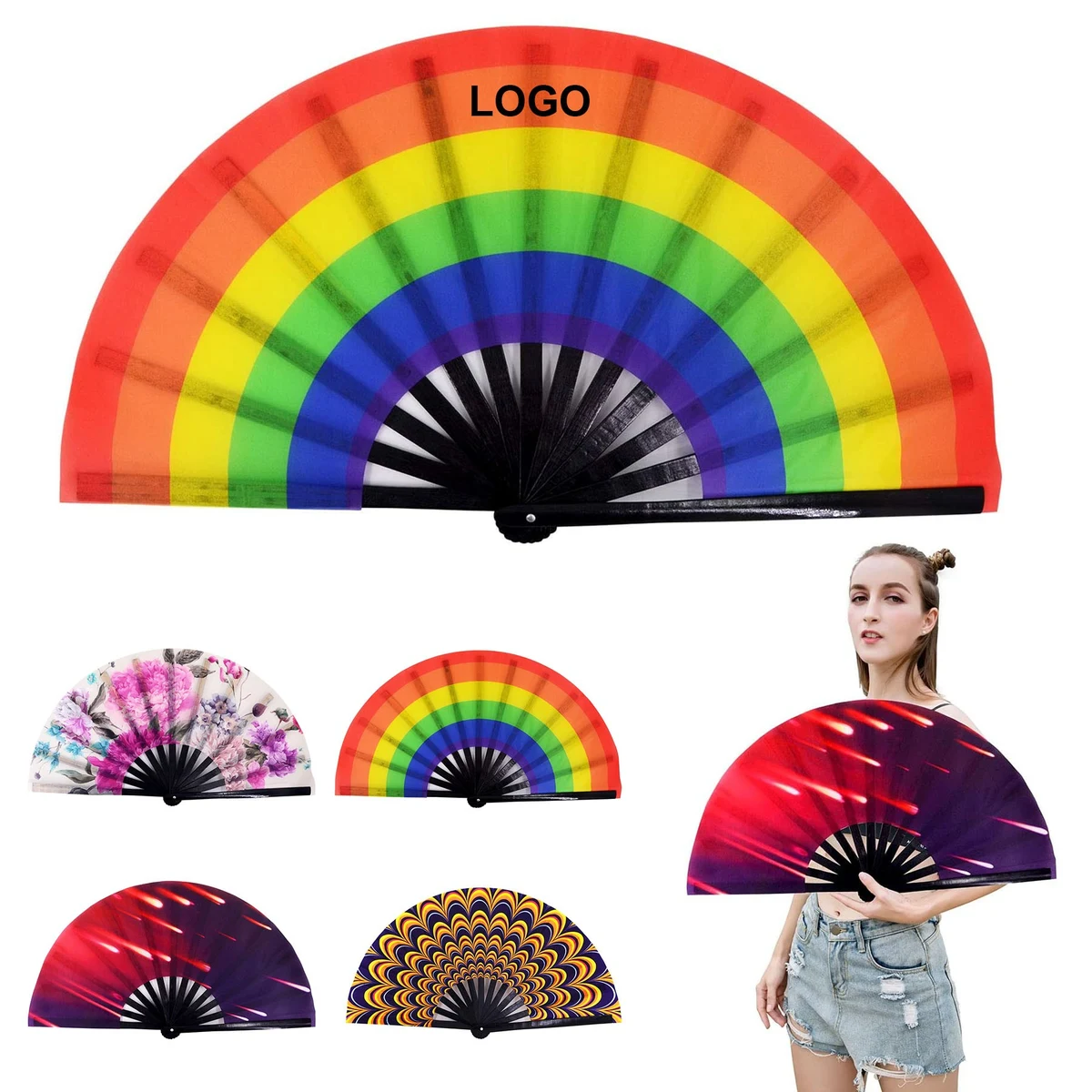 Large Rainbow Folding Hand Rave Fan 1