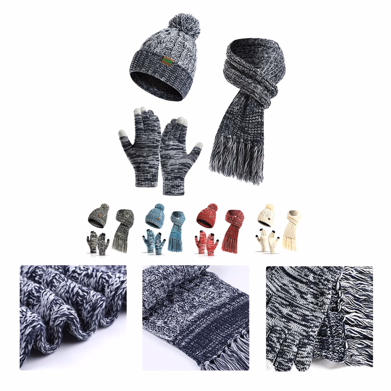 MOQ50 Winter Knit Hat Scarf Touchscreen Gloves Set Customization