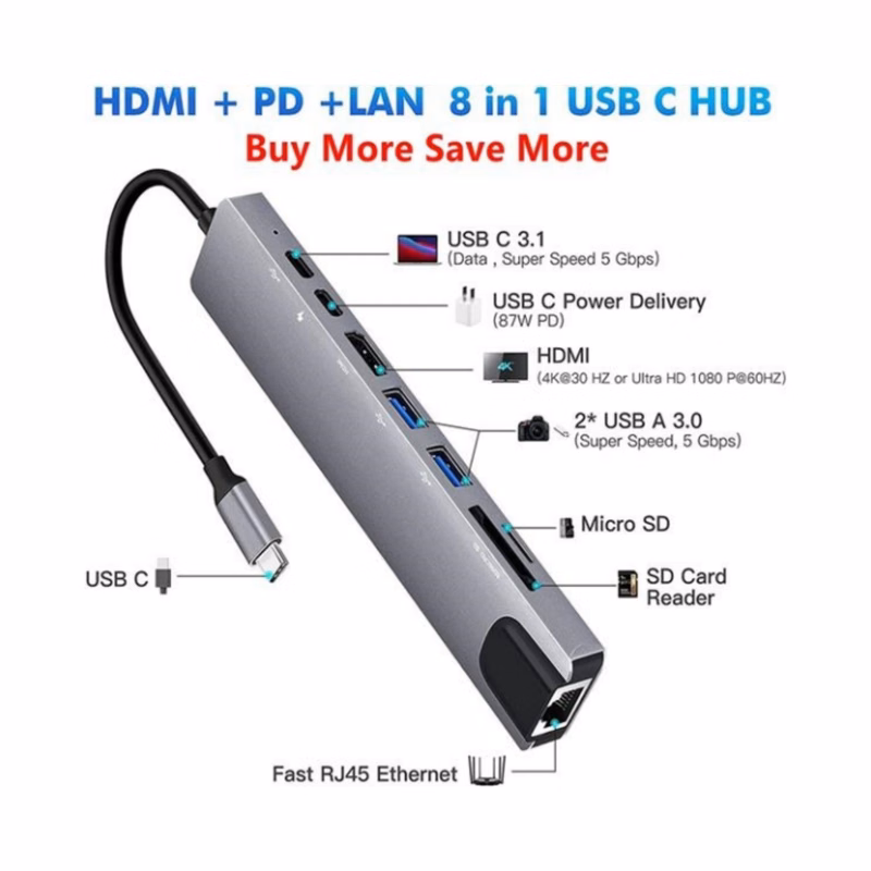 8 In 1 Usb C Hub Multiport Adapter