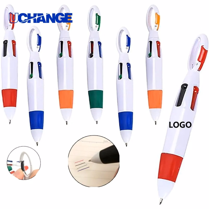4-Color Ballpoint Pen with Carabiner Clip for Utility Use