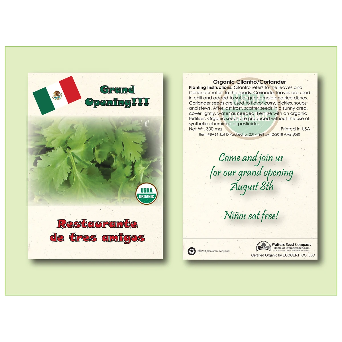 Organic Cilantro/Coriander Herb Seed Packet - Standard Size 3.25" x 4.5" 1