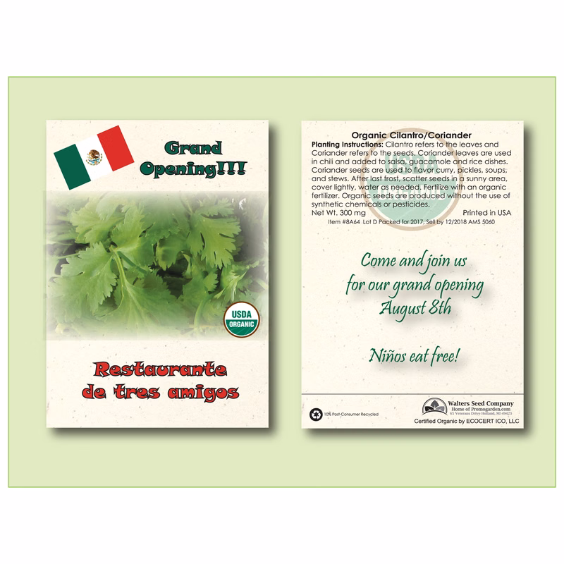 Organic Cilantro/Coriander Herb Seed Packet - Standard Size 3.25" x 4.5"