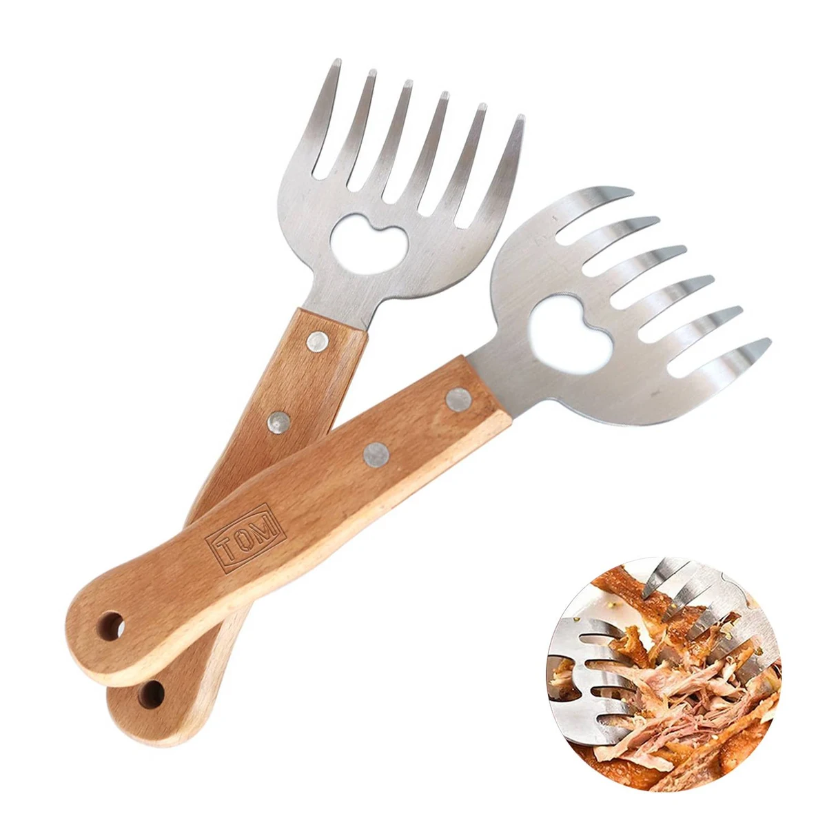 Wooden Handle Stainless Steel Bear Claw Cooked Meat Shredder 1