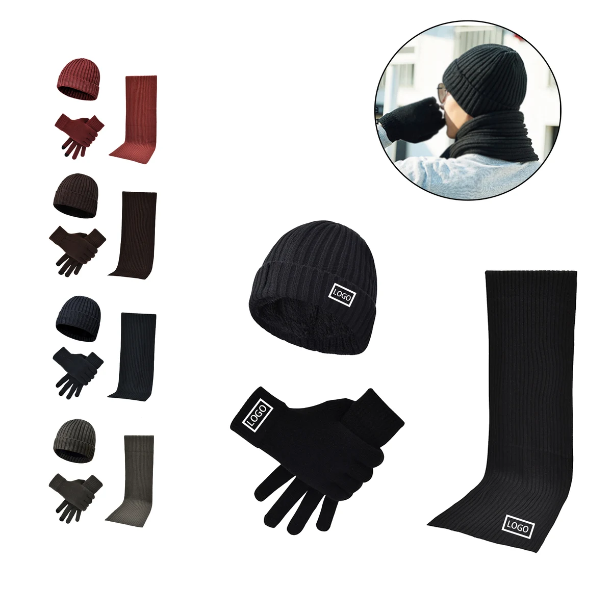 MOQ:5pcs Warm Knit Scarf Gloves Hat Set 1