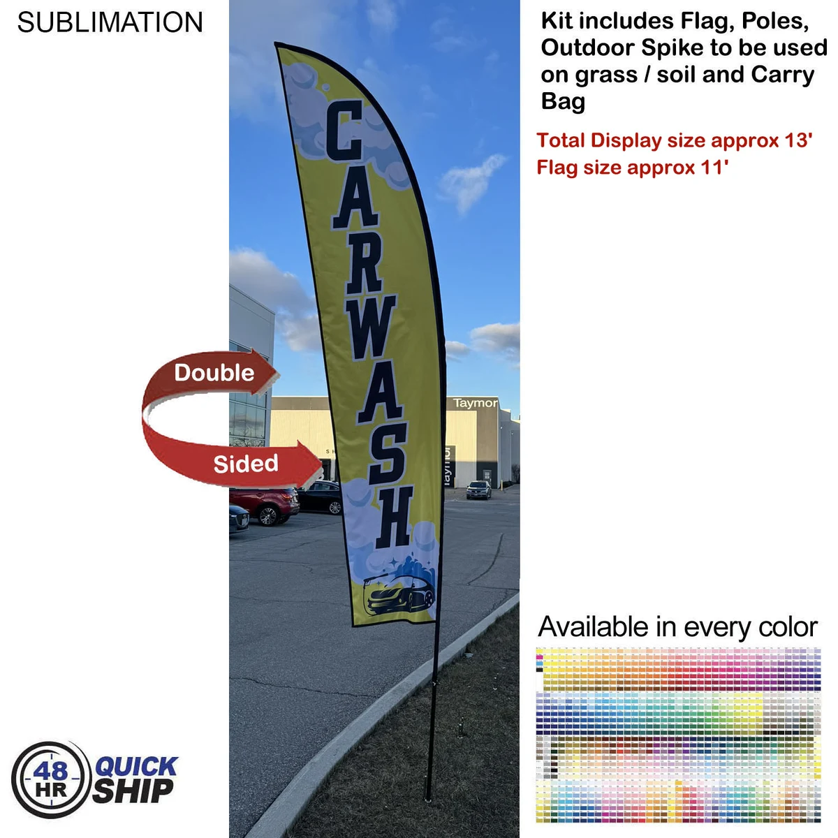 48 Hr Quick Ship - 13' Medium Feather Flag Kit, Full Color Graphics Double Sided, Spike and Bag. 1