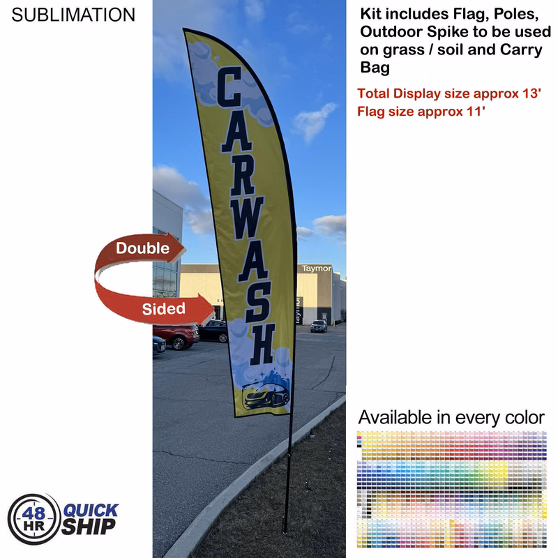 48 Hr Quick Ship - 13' Medium Feather Flag Kit, Full Color Graphics Double Sided, Spike and Bag.
