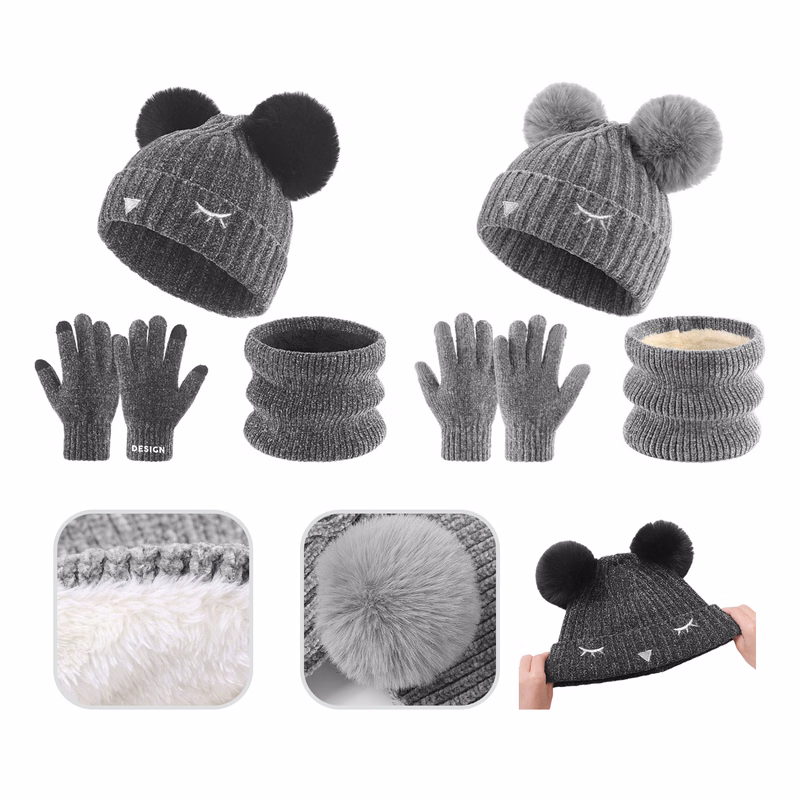 3Pcs Kids Hat Scarf and Snow Gloves Set