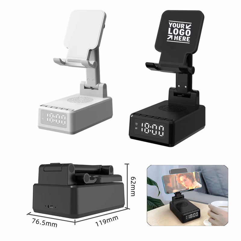3 in 1 Loud Alarm Clock Cell Phone Stand TF Card Reader 12H Display Wireless Bluetooth Speaker