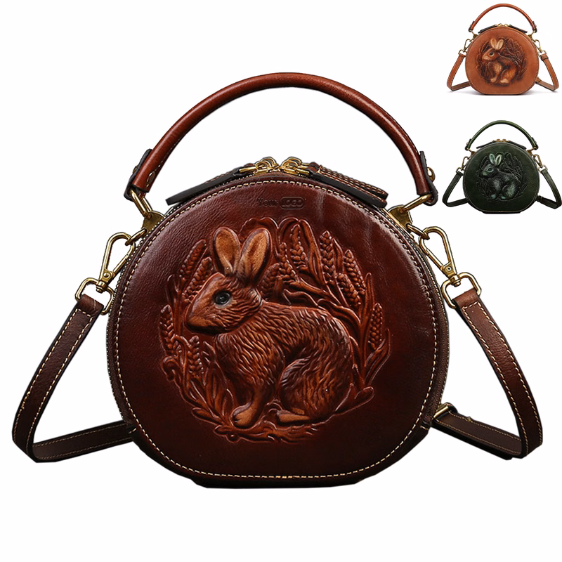 Genuine Leather Vintage bunny embossed diagonal shoulder bag
