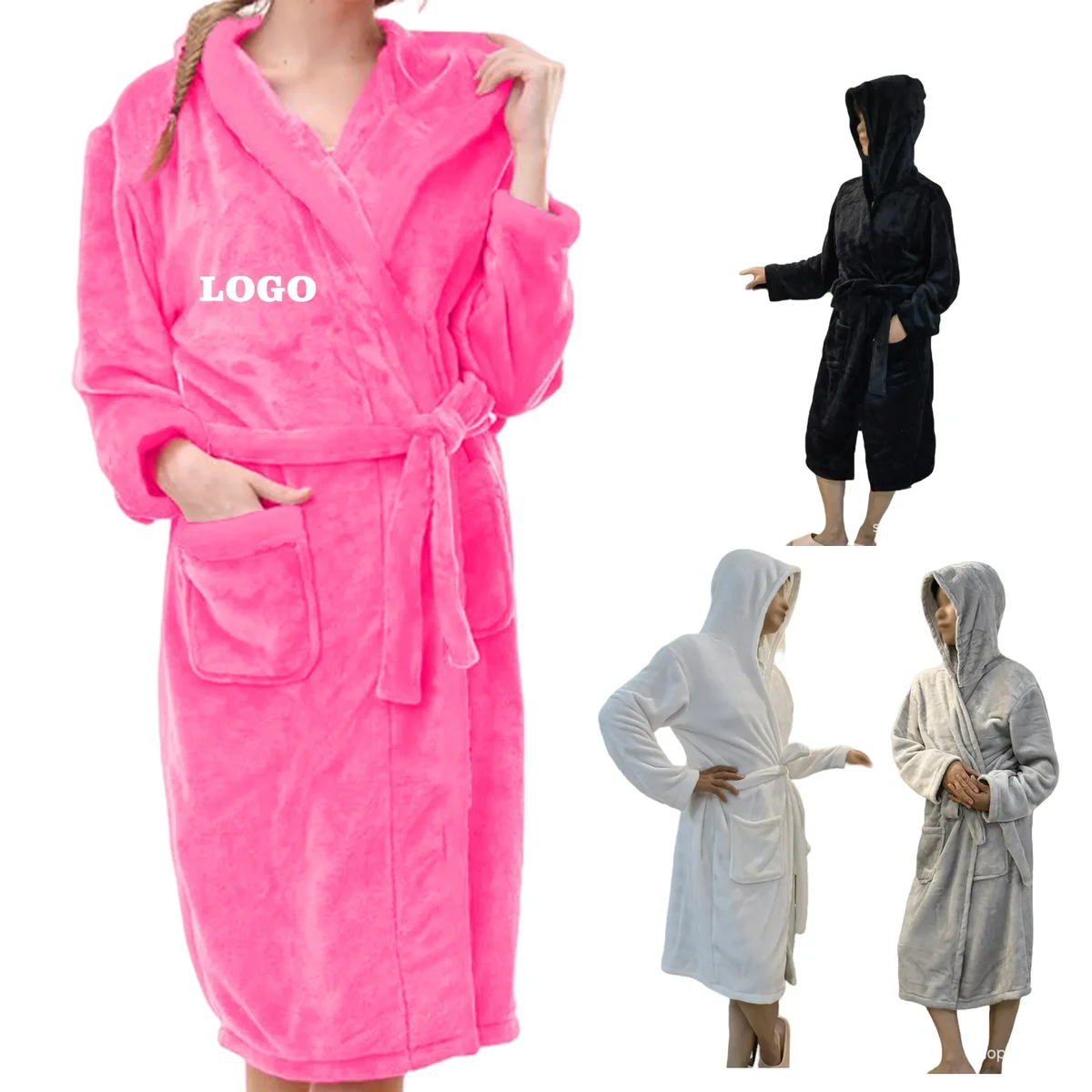 Flannel Hooded Kimono Bath Robe 1