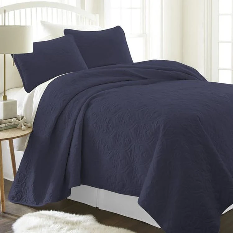 Premium Quilted Coverlet Sets - Navy King Damask Pattern 3 Piece 1