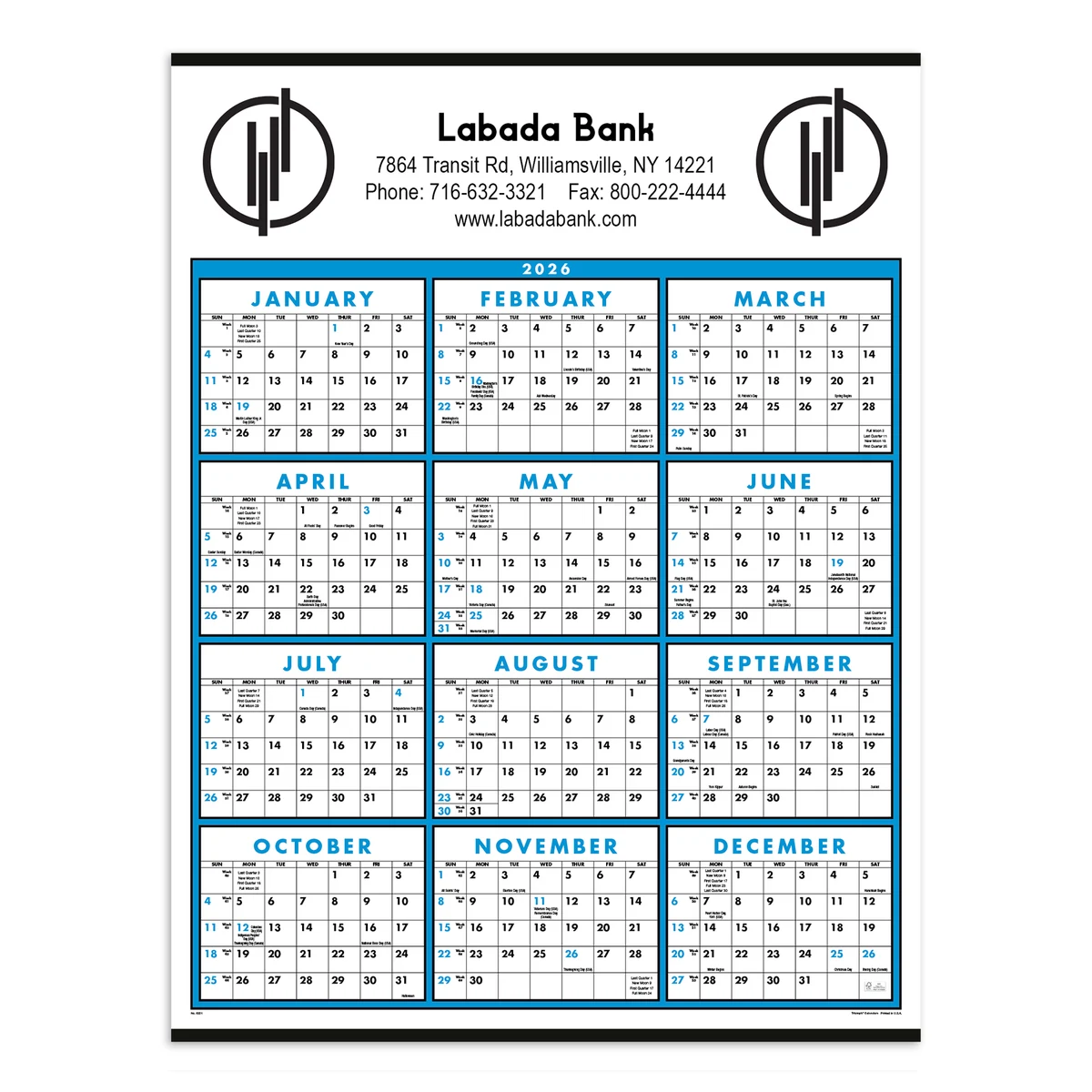 Full Year View Single Sheet Commercial Calendar 1