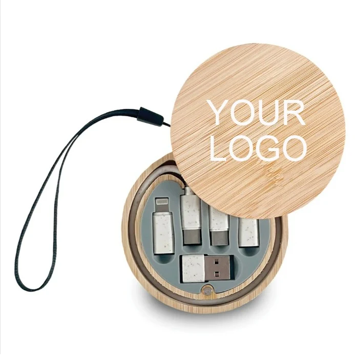 3-Way Adaptive Charging Cable in Bamboo Case - One-Color Personalization Available 1